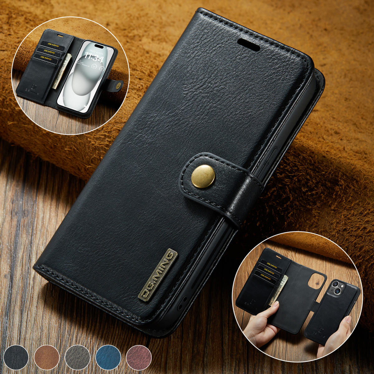 DG.MING Läderfodral med magnetskal, iPhone 15, svart