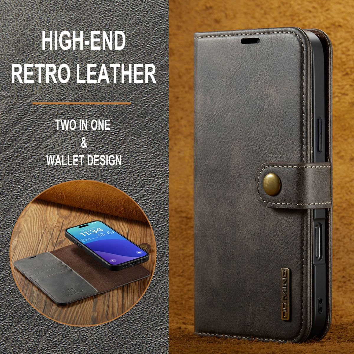 DG.MING Läderfodral med magnetskal, iPhone 16 Pro, coffee