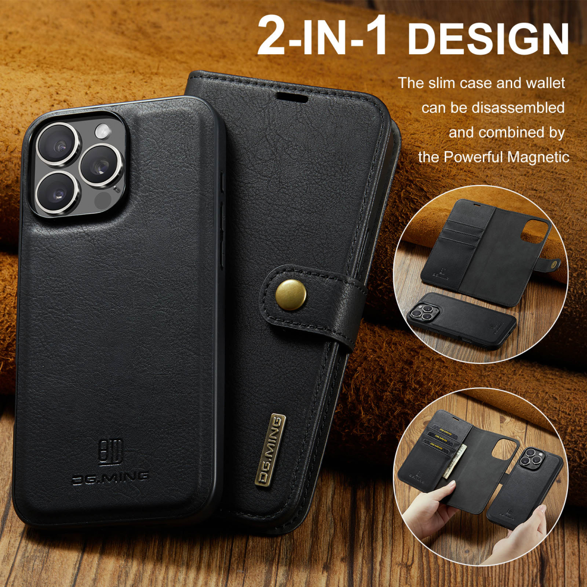 DG.MING Läderfodral med magnetskal, iPhone 16 Pro, svart