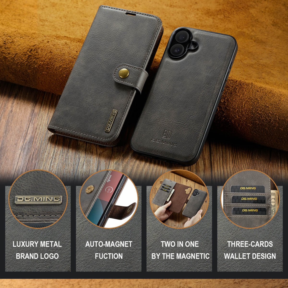 DG.MING Läderfodral med magnetskal, iPhone 16, coffee