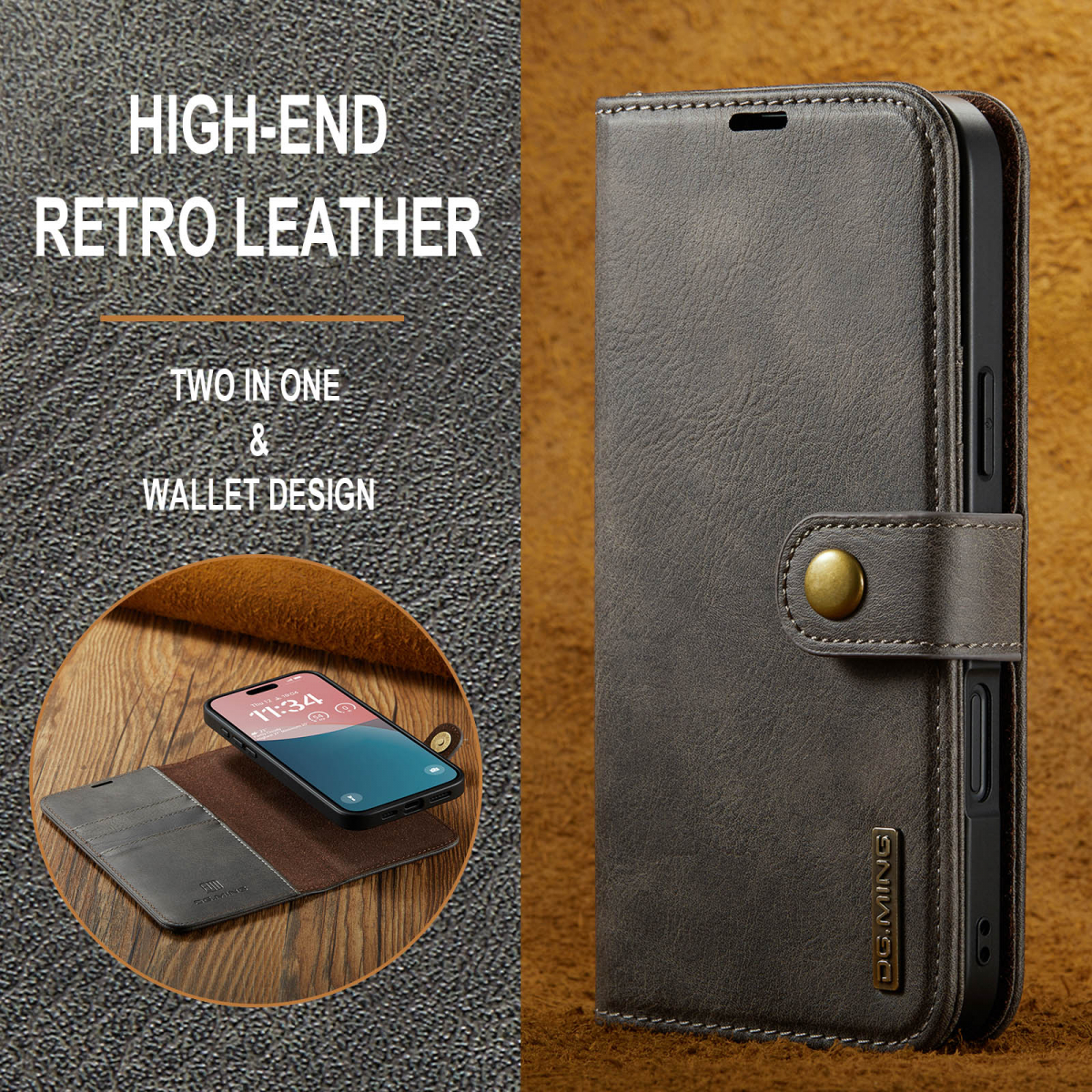 DG.MING Läderfodral med magnetskal, iPhone 16, coffee