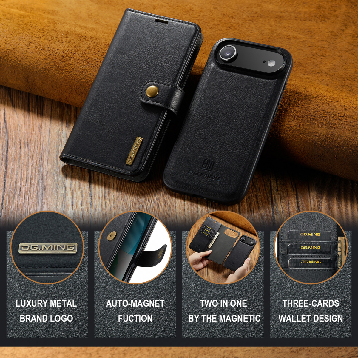 DG.MING Läderfodral med magnetskal, iPhone 17 Air, svart