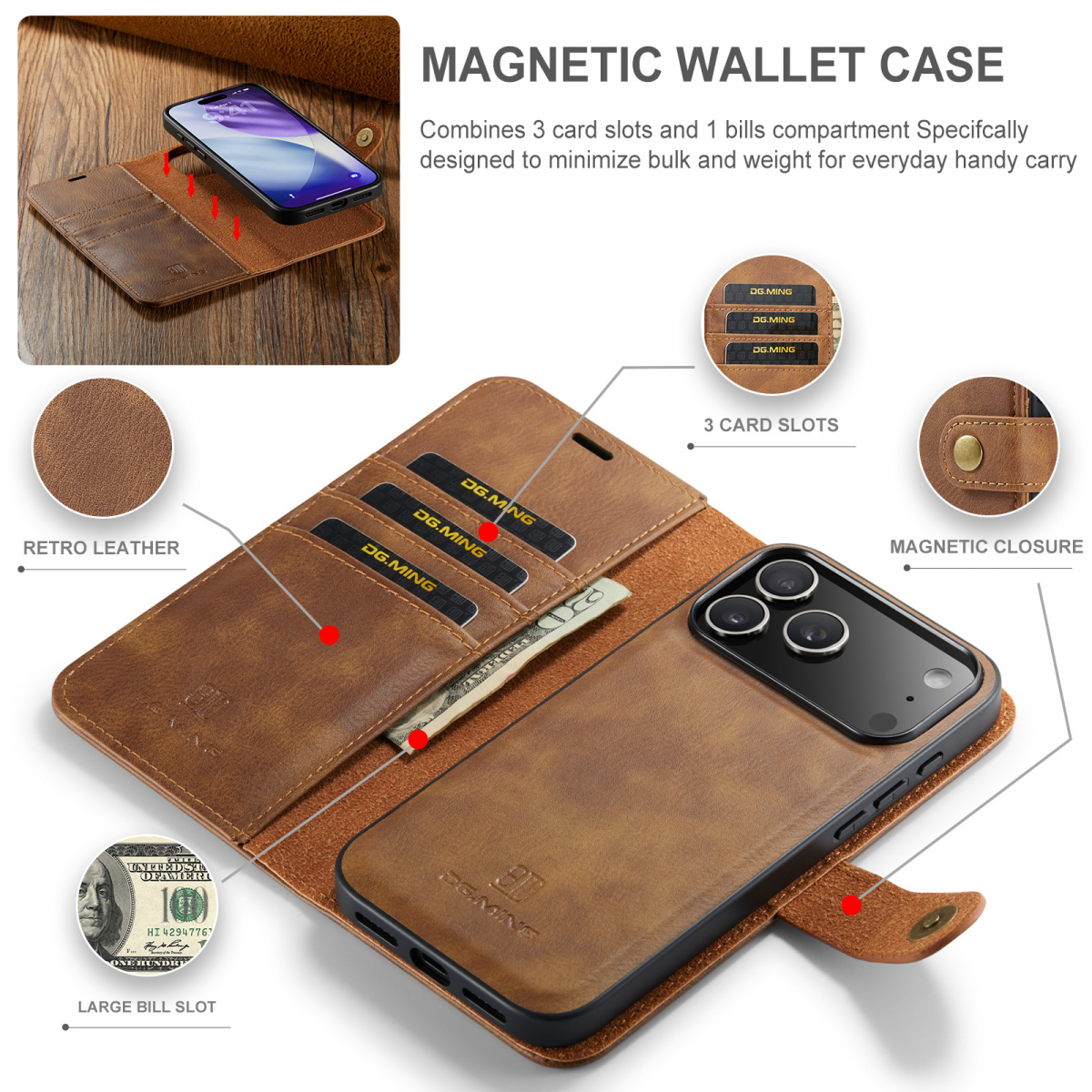 DG.MING Läderfodral med magnetskal, iPhone 17 Pro, brun