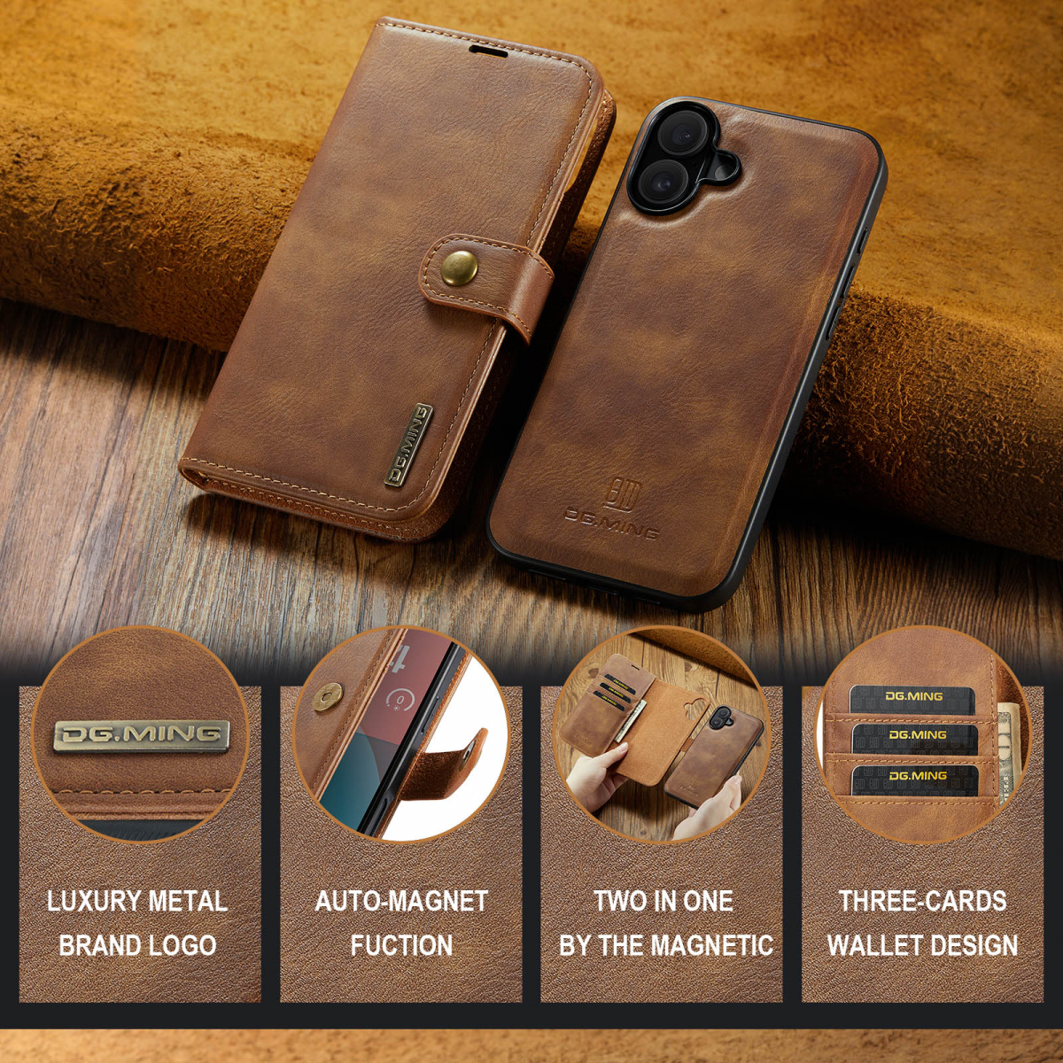DG.MING Läderfodral med magnetskal, iPhone 17, brun