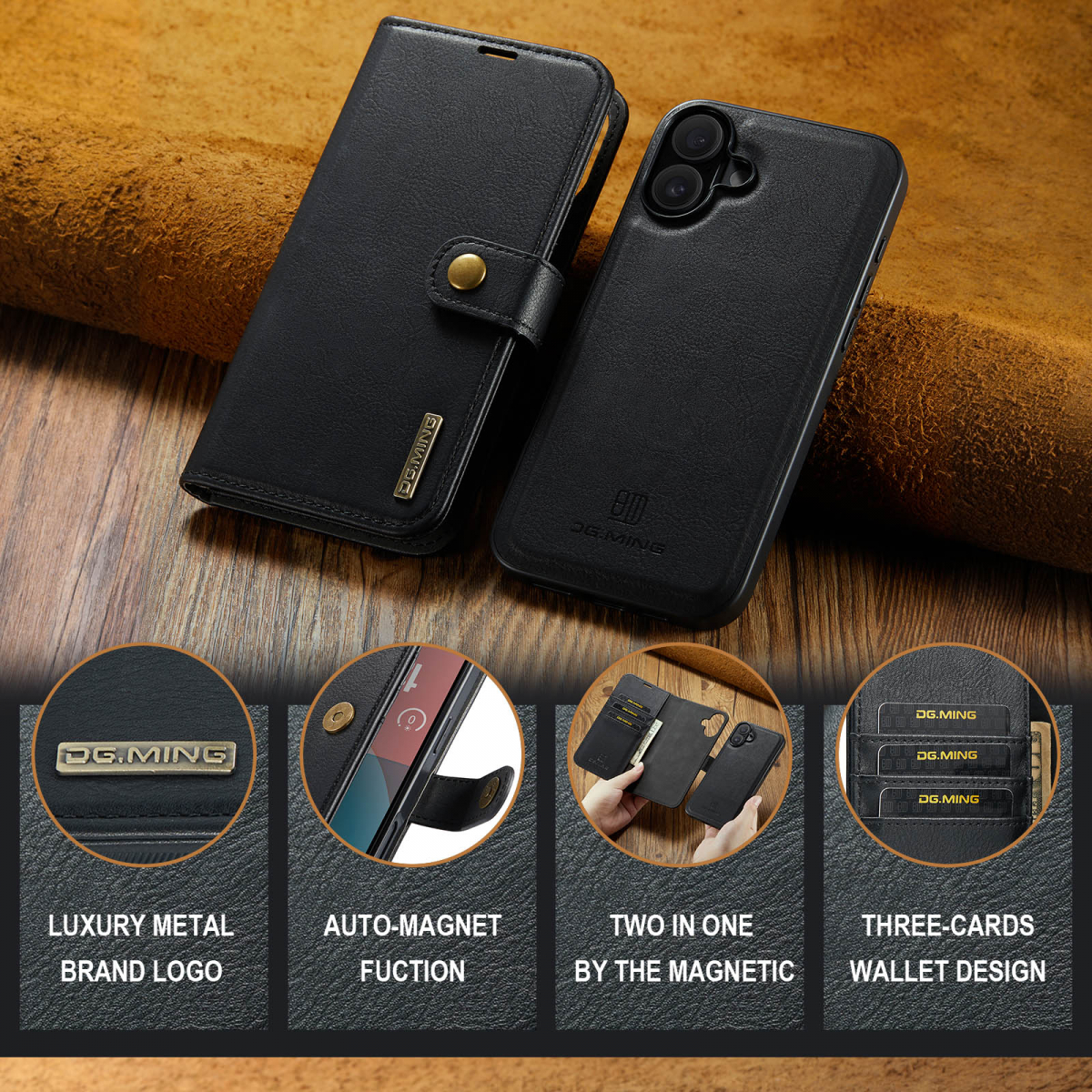DG.MING Läderfodral med magnetskal, iPhone 17, svart