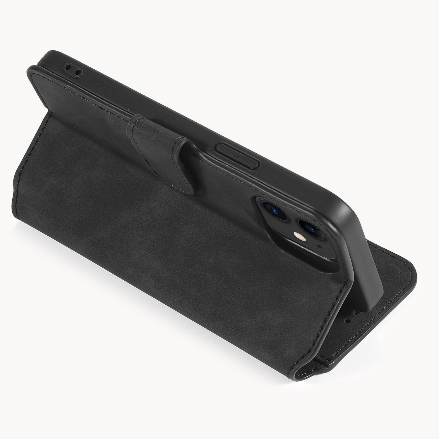 DG.MING Retro Style läderfodral med ställ, iPhone 12 Mini, svart