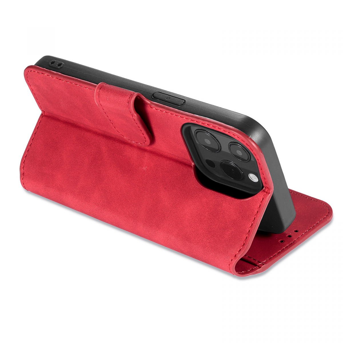 DG.MING Retro Style läderfodral ställ, iPhone 13 Pro, röd