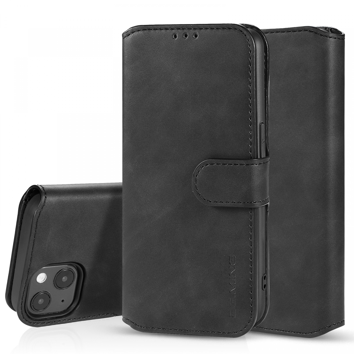 DG.MING Retro Style läderfodral ställ, iPhone 13 Mini, svart