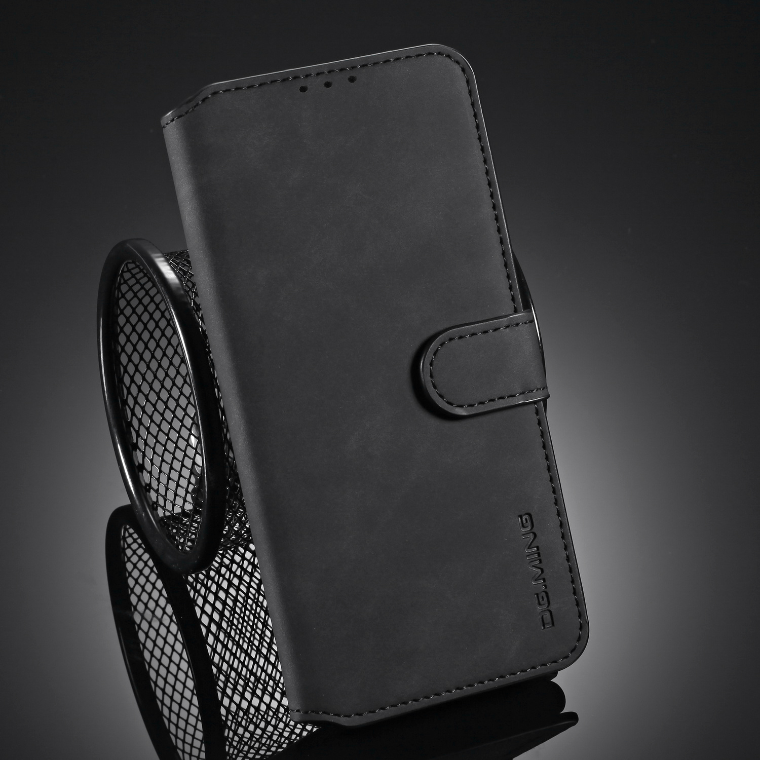 DG.MING Retro Style läderfodral ställ, iPhone 12/12 Pro, svart