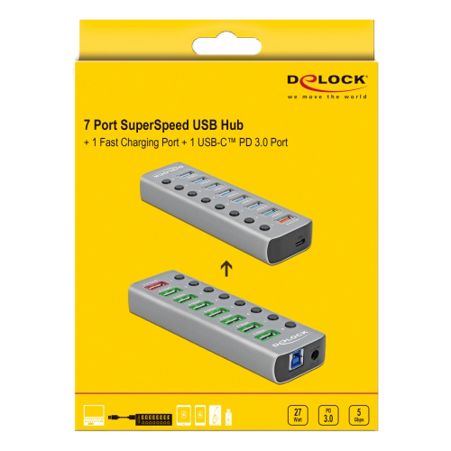 Delock USB 3.2 Gen 1-hubb med 7 uttag+1 USB-Cport, PD, 3A