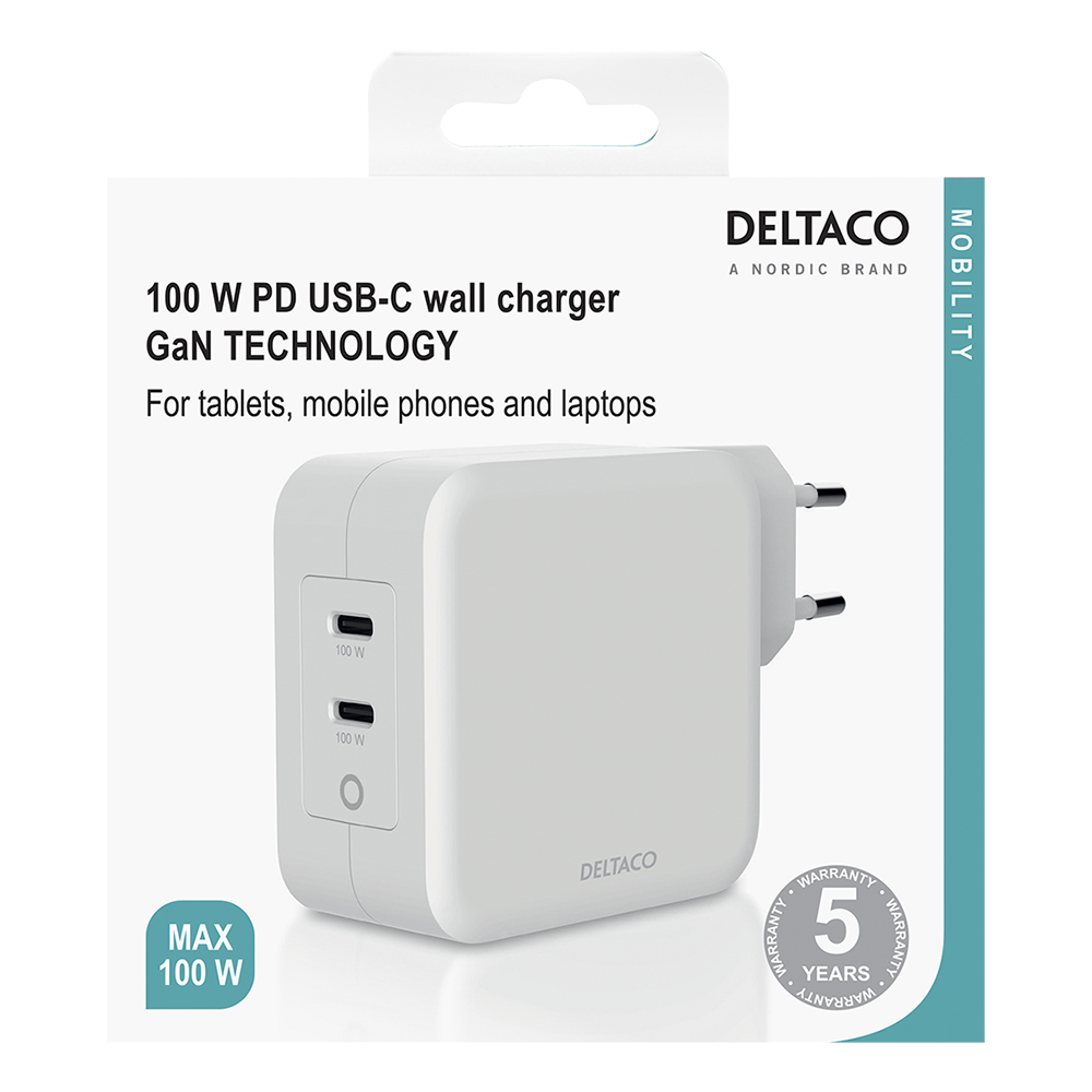 Deltaco 2xUSB-C väggladdare, GaN-teknologi, PD, 100W, vit