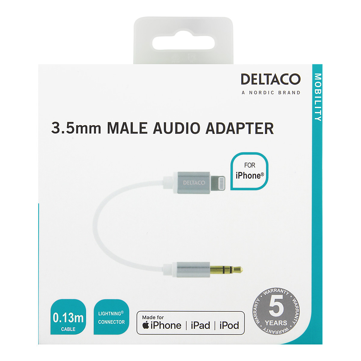 Deltaco 3-polig 3.5mm hona till Lightning adapter, 0.13m, vit