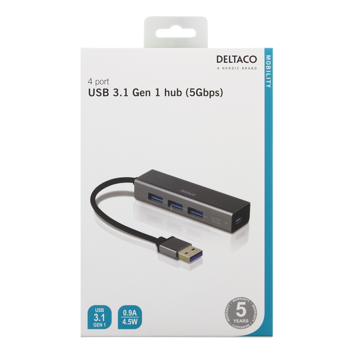 Deltaco, 4 Port hub, USB 3.1, rymdgrå