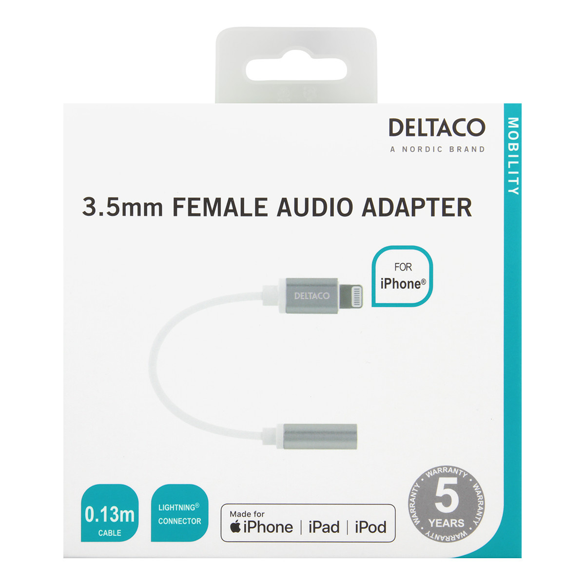 Deltaco 4-polig 3.5mm hona till Lightning adapter, 0.13m, vit