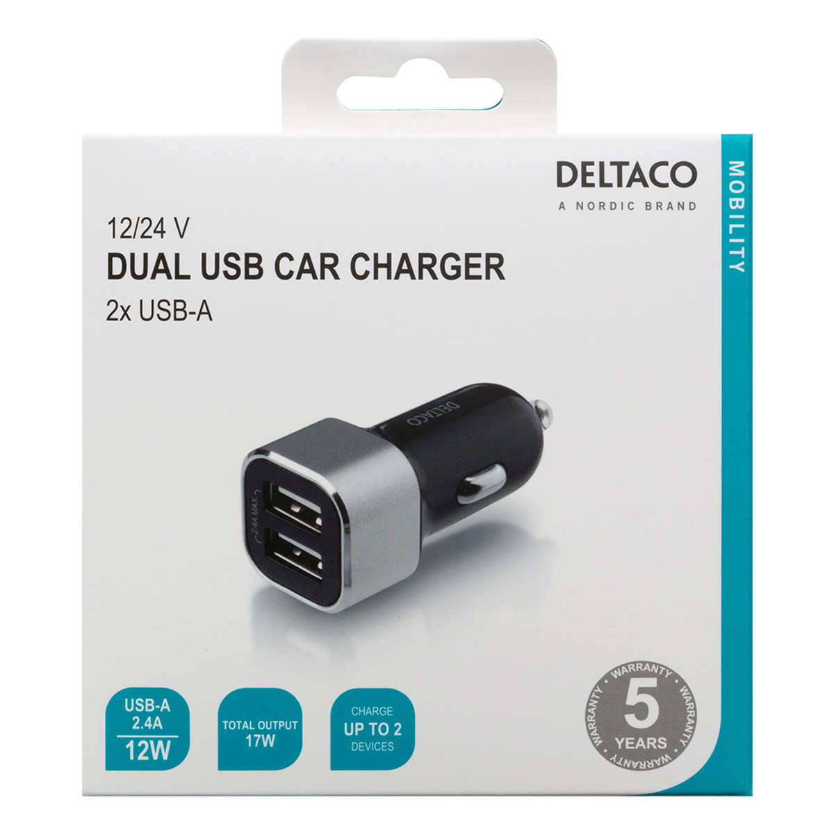 Deltaco Billaddare med 2xUSB-A, 2.4 A, 17W