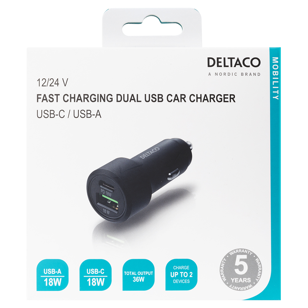 Deltaco Billaddare med USB-C+USB-A, PD, 36W, svart