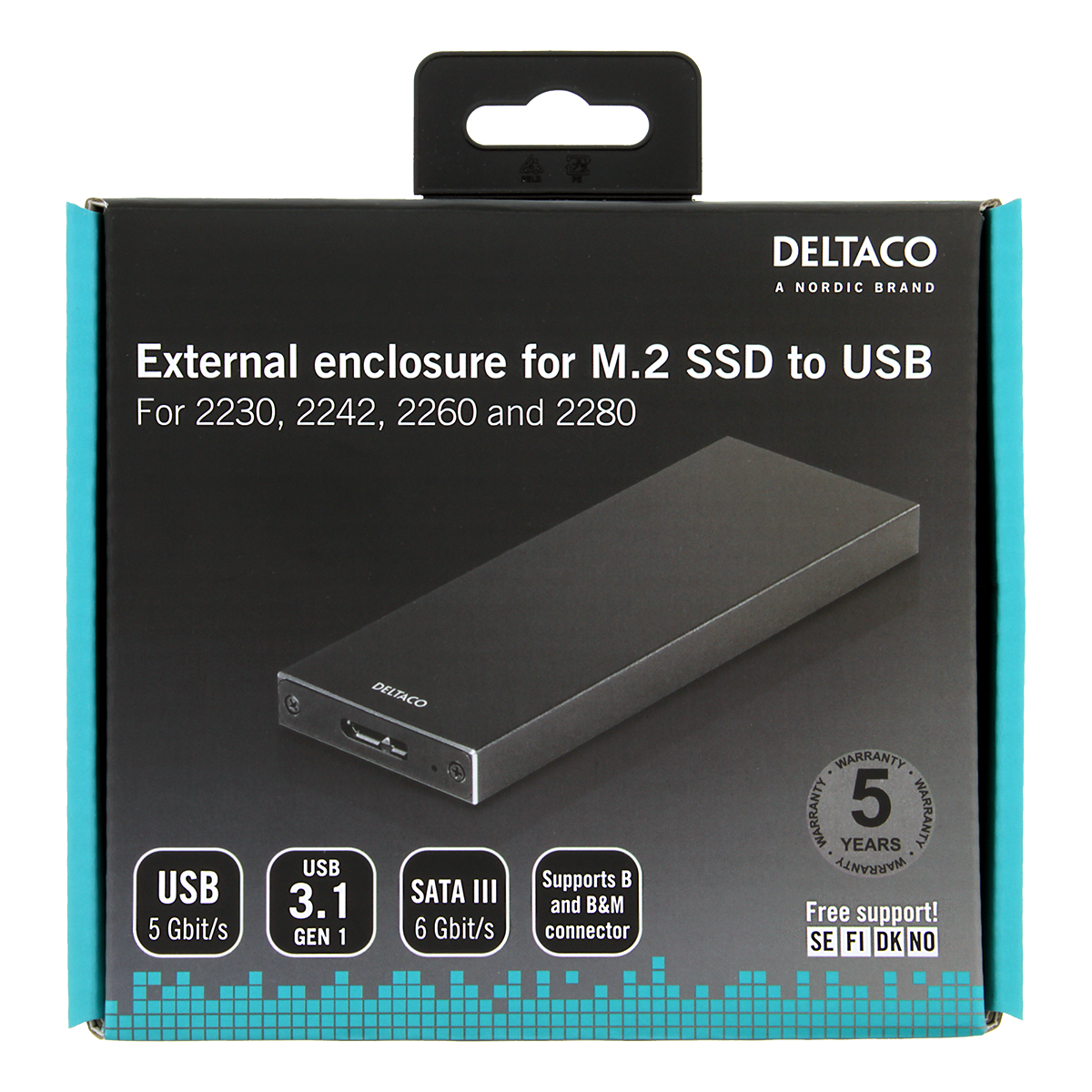 Deltaco Externt M.2 kabinett, USB 3.0, 5 Gbps, svart