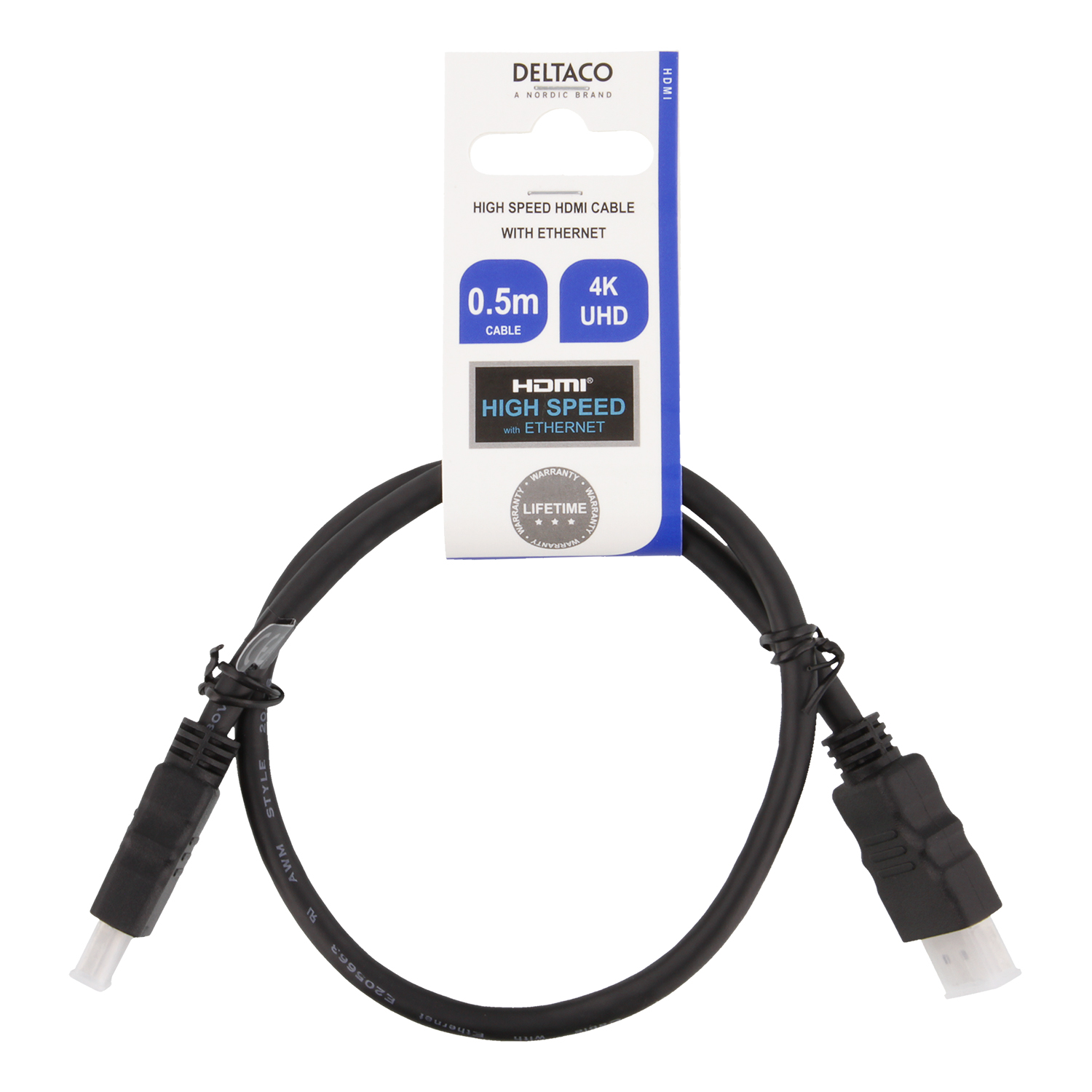 Deltaco HDMI kabel, CCS, High Speed, Ethernet, 0.5m, svart