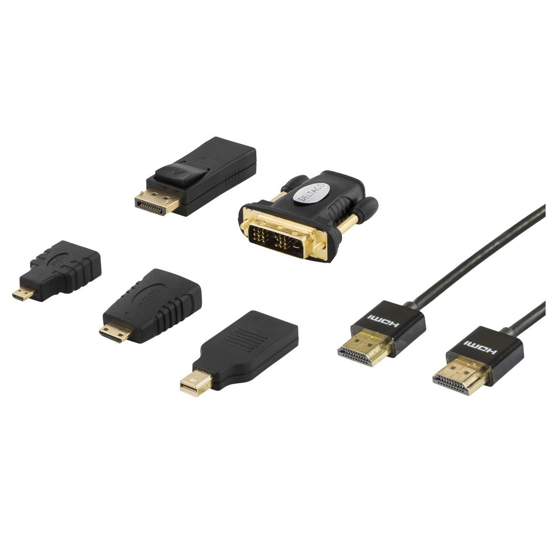 Deltaco HDMI/DisplayPort/DVI adapter kit, HDMI-kabel 2m, UltraHD