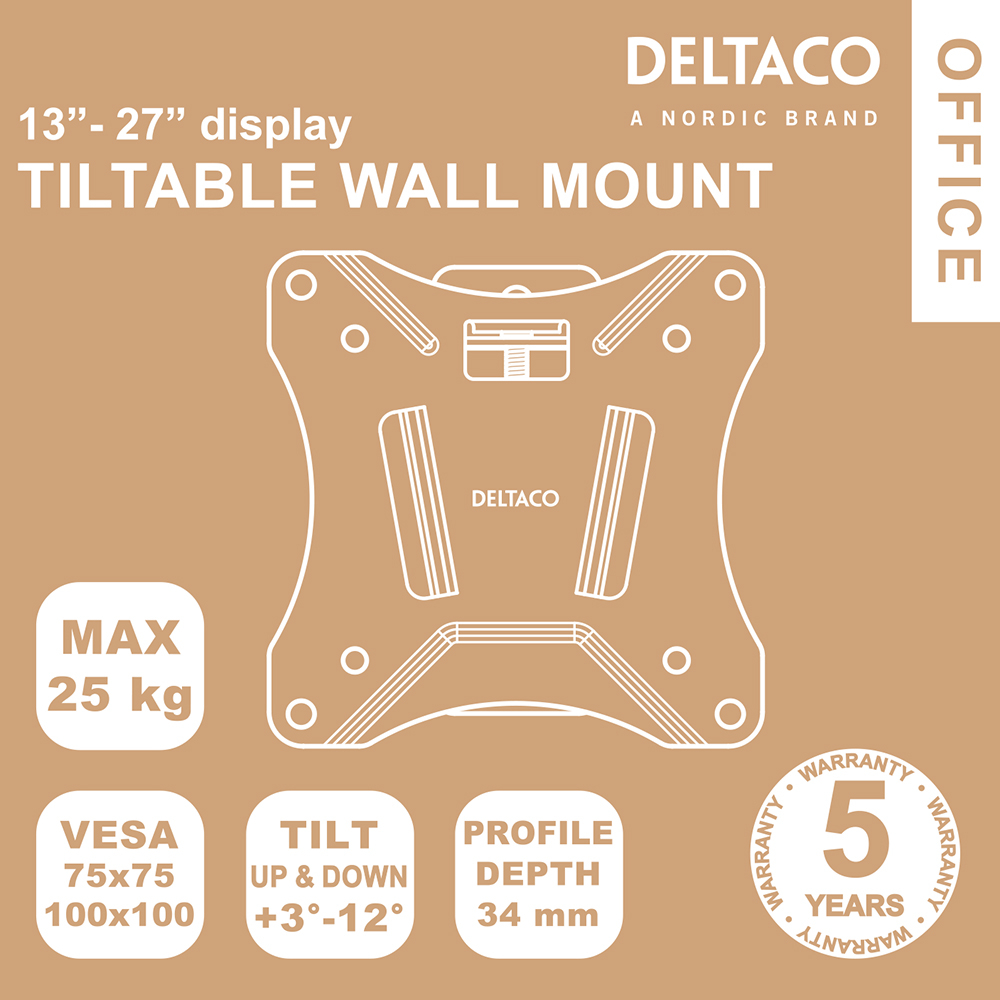 DELTACO Office kompakt lutbart väggfäste, 13-27 tum, 25kg