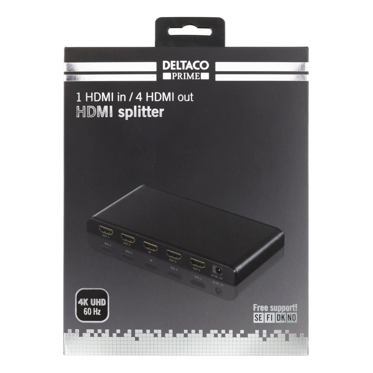 Deltaco PRIME HDMI-splitter, 1 till 4 splitter, 4K, HDCP, 3D