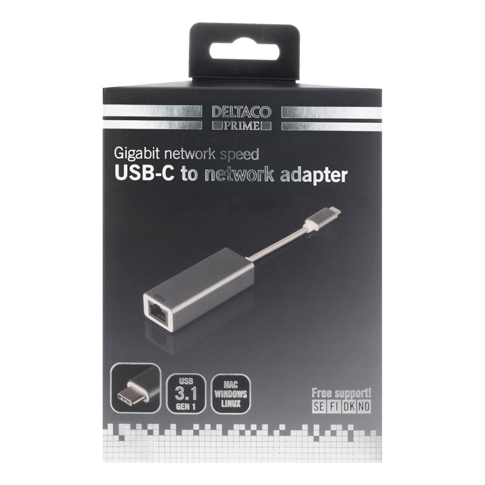 Deltaco PRIME USB-C nätverksadapter, aluminium, rymdgrå