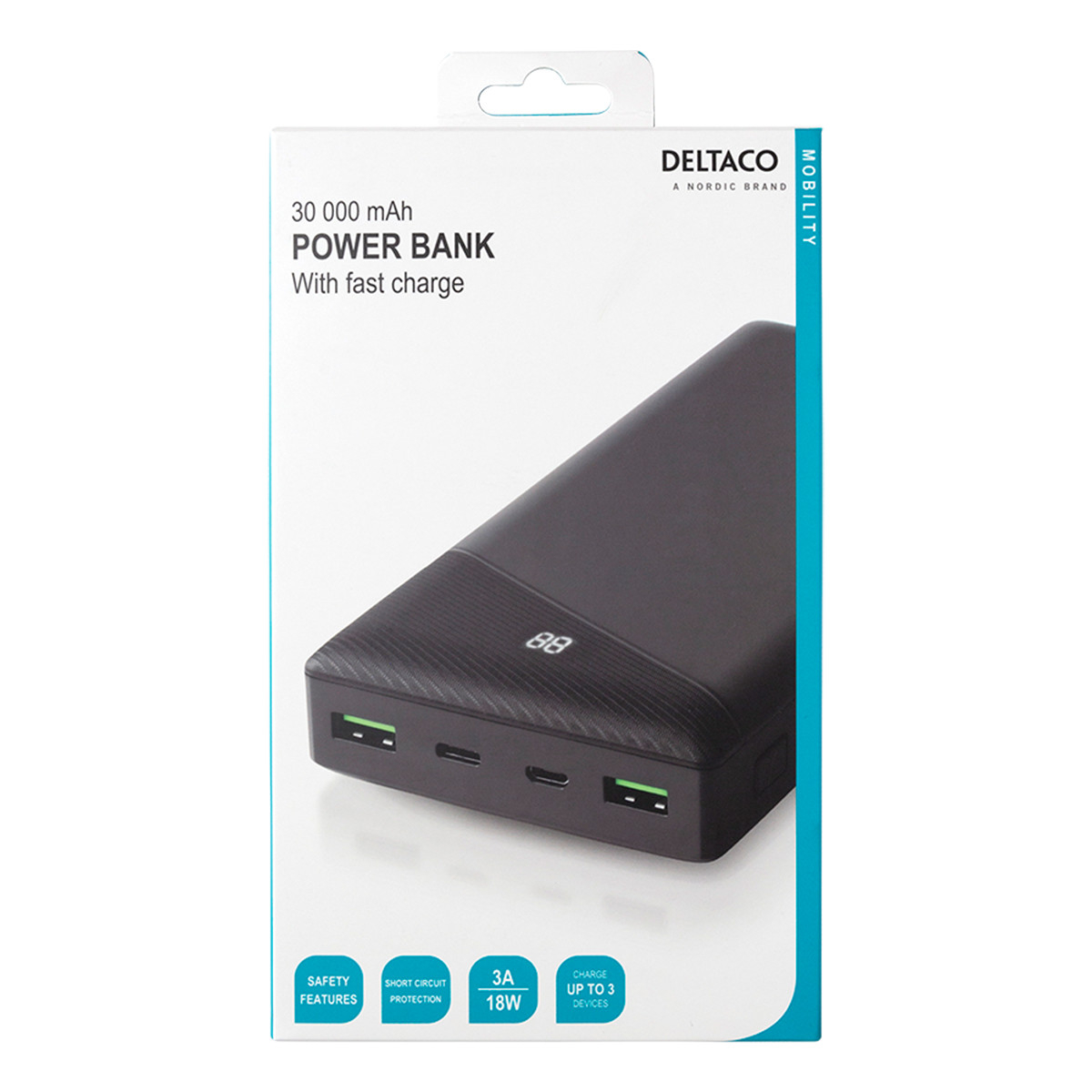 Deltaco Powerbank med snabbladdning, USB-C+USB-A, 30.000mAh