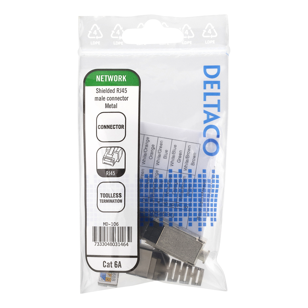 Deltaco RJ45 kontaktdon Cat6A, skärmad, verktygsfri, metall