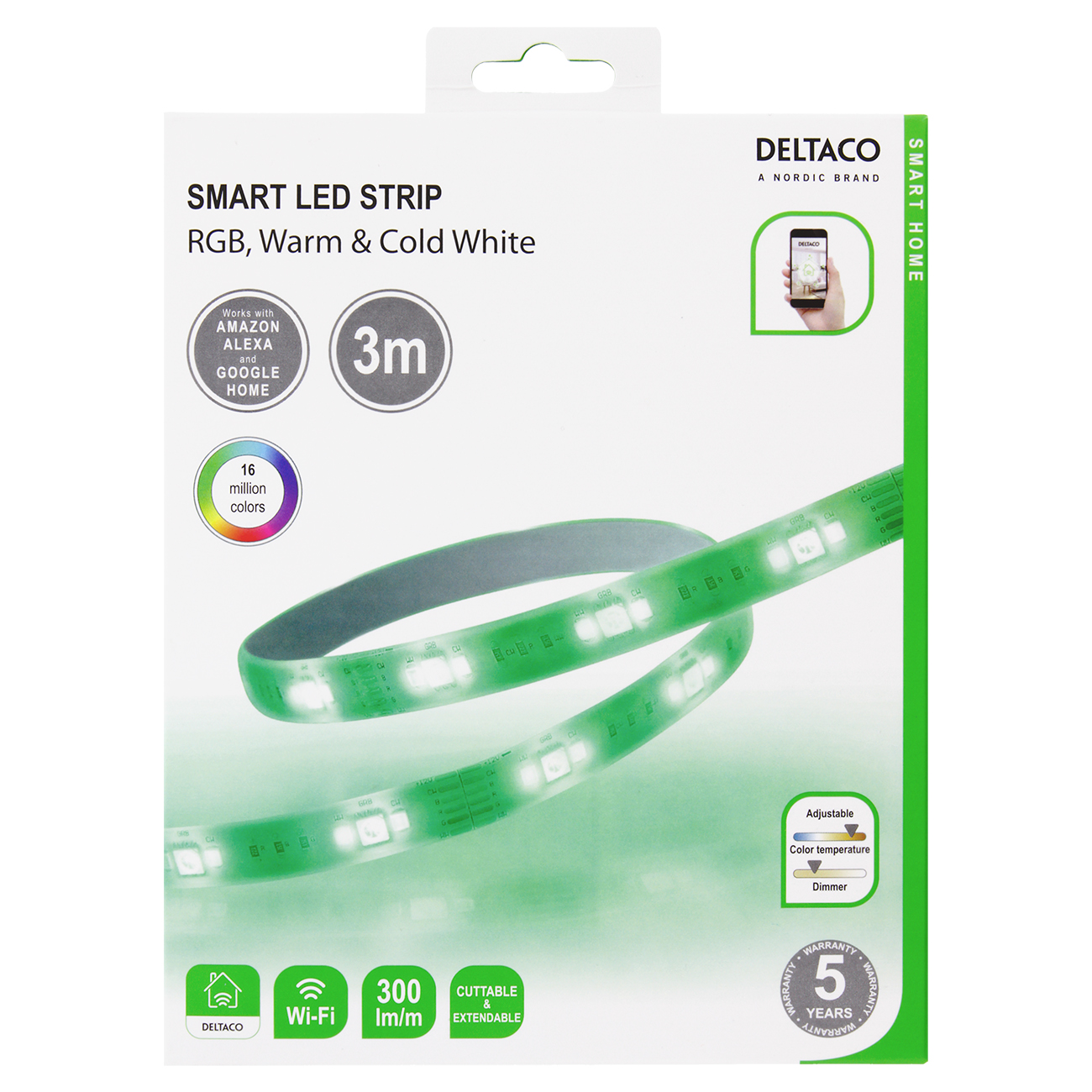 Deltaco Smart Home LED-list, RGB, 2700K-6500K, 3m, WiFi 2.4GHz