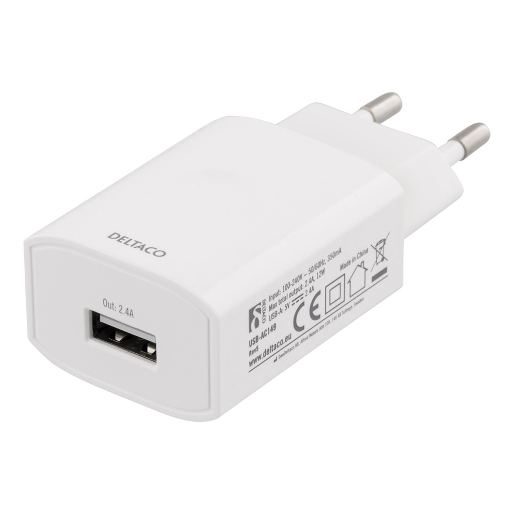 Deltaco USB-A Väggladdare, 100-240V, 5V, 2.4A, vit