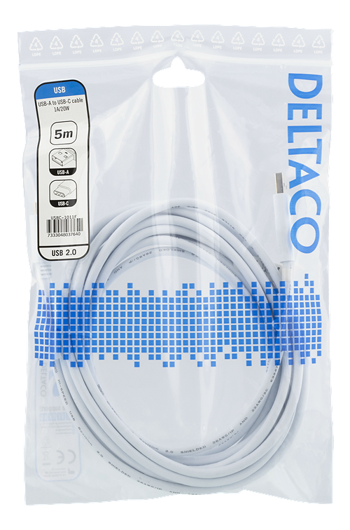 Deltaco USB-A till USB-C kabel, 5m, 1A, USB2.0, vit