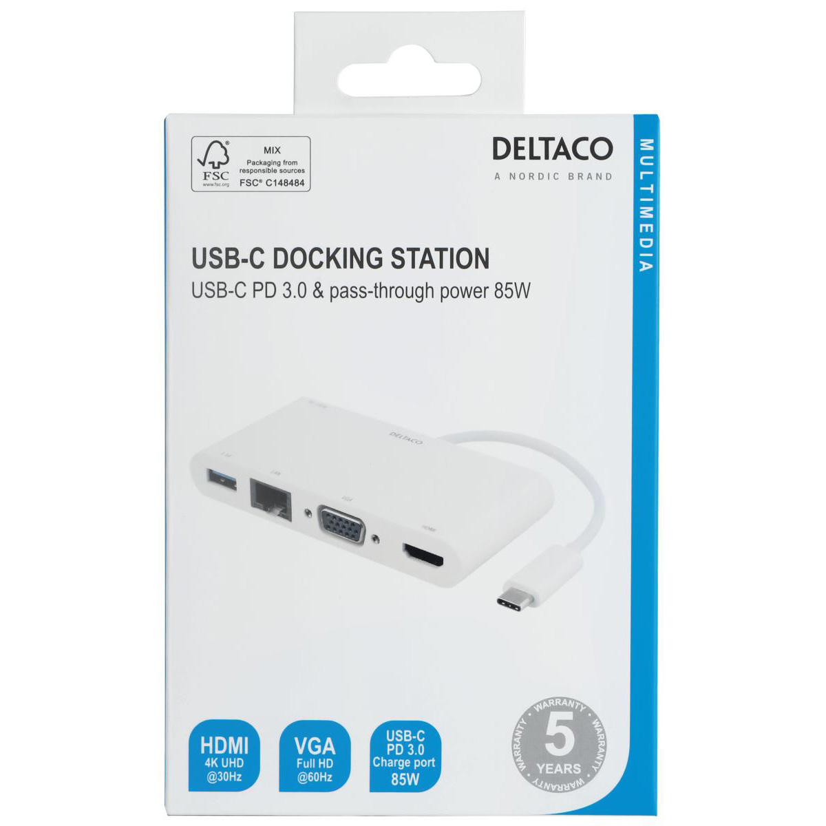 Deltaco USB-C Dockningsstation, USB-A/HDMI/LAN/VGA