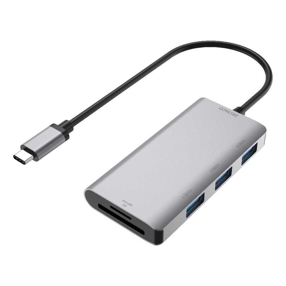Deltaco USB-C hubb med SD/MicroSD-kortläsare, 3xUSB