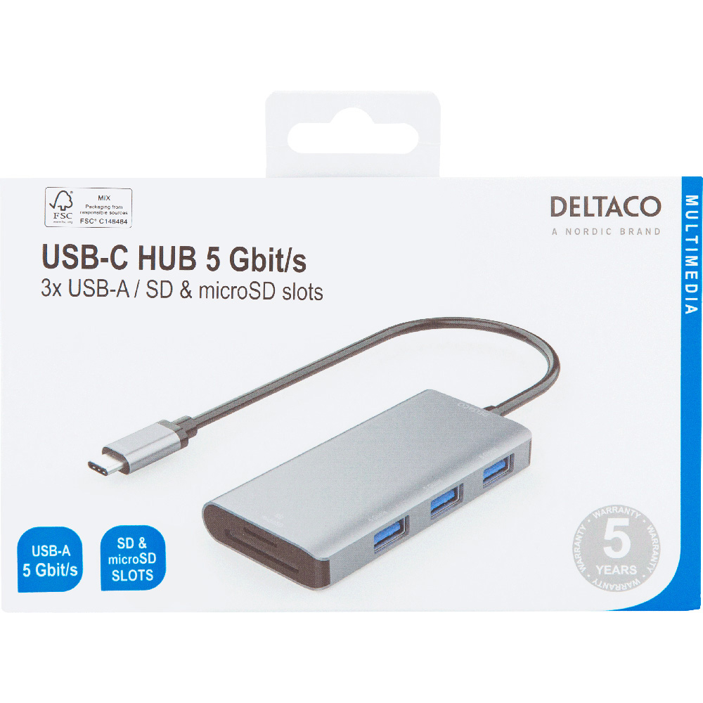 Deltaco USB-C hubb med SD/MicroSD-kortläsare, 3xUSB