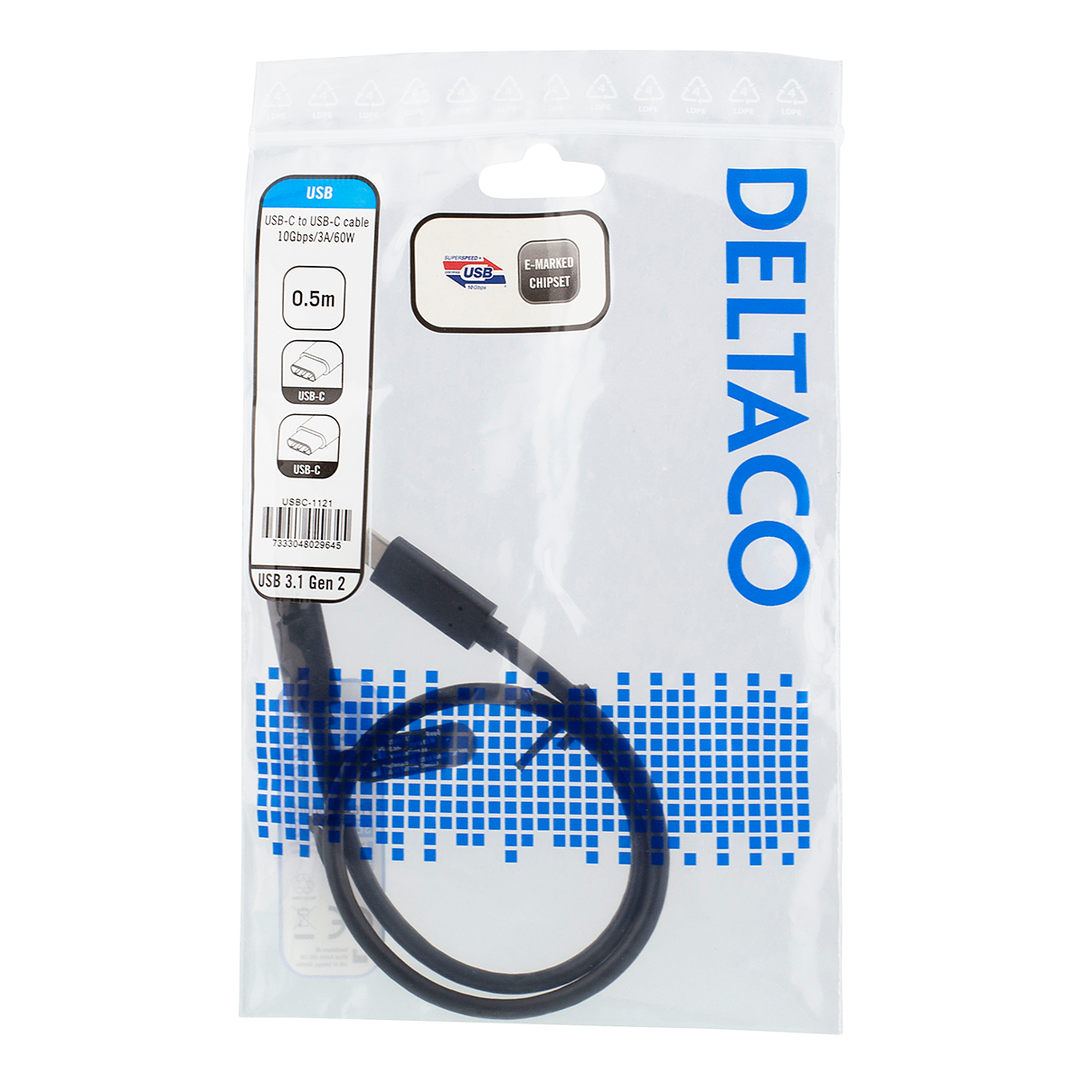 Deltaco USB-C-kabel, 10 Gbps, 60W, 0,5m, svart