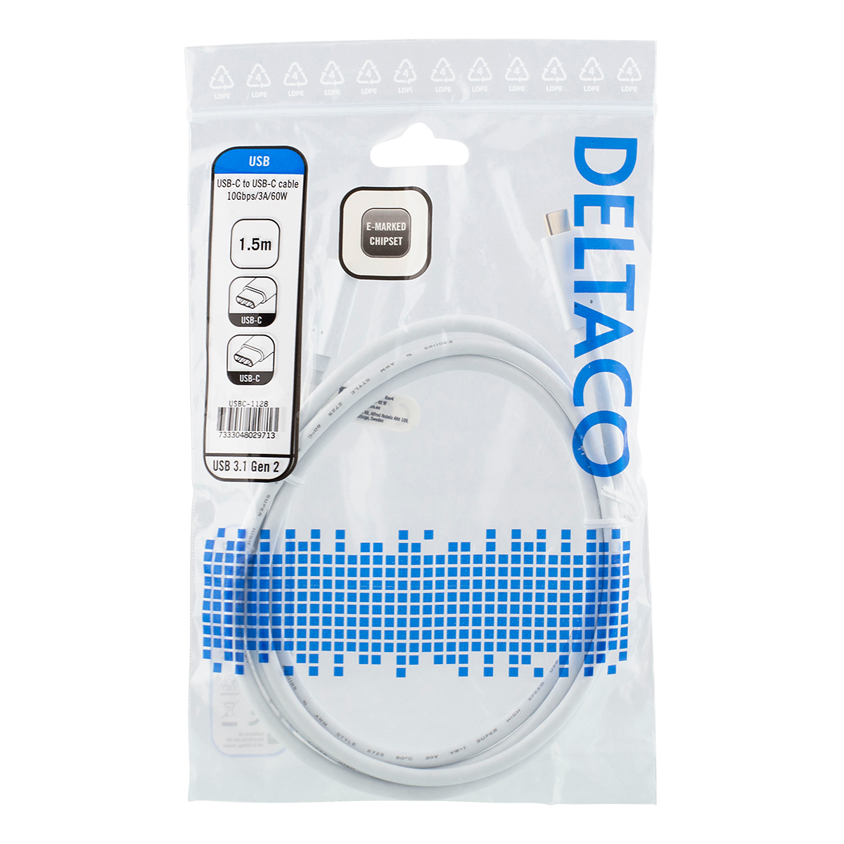 Deltaco USB-C-kabel, 10 Gbps, 60W, 1,5m, vit