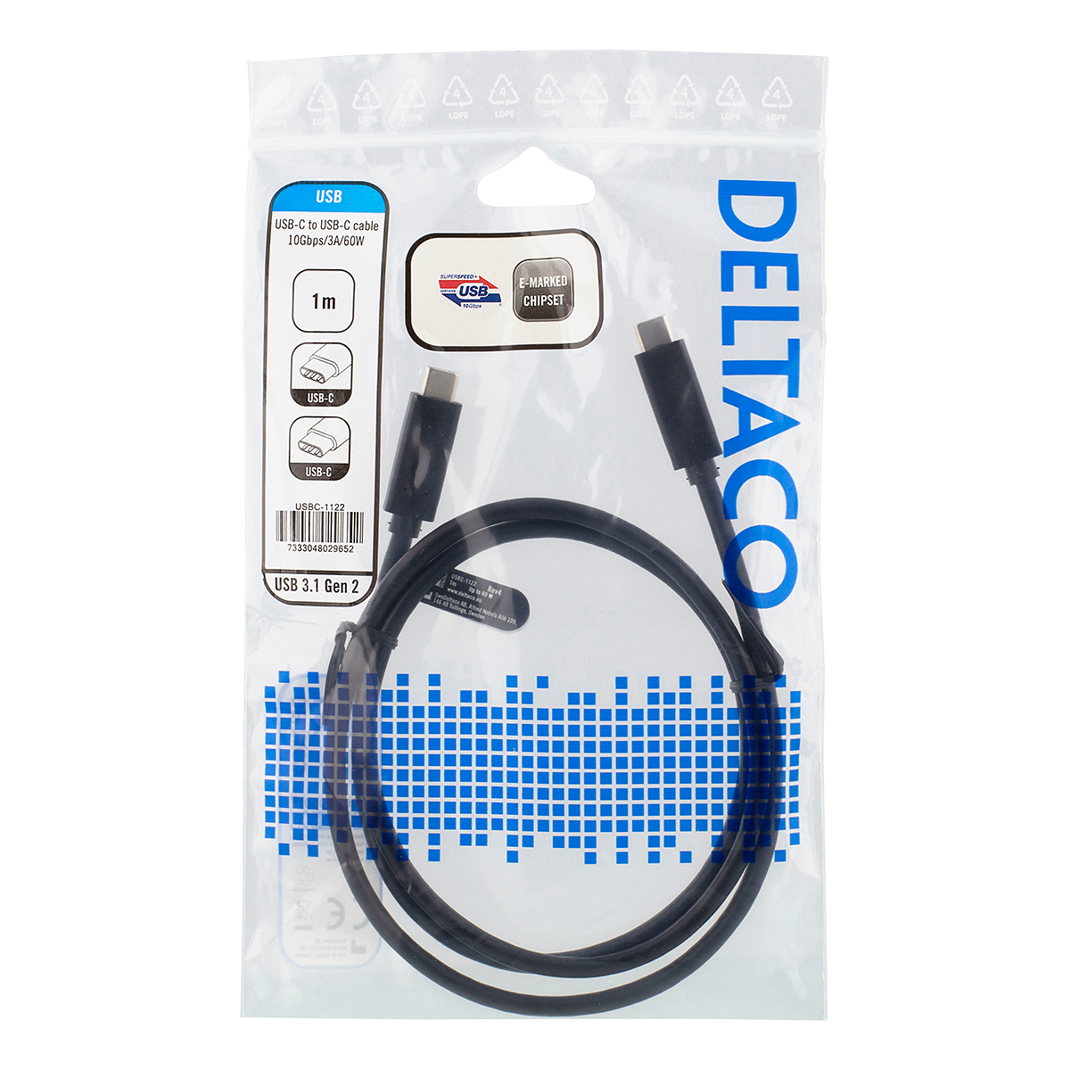 Deltaco USB-C-kabel, 10 Gbps, 60W, 1m, svart