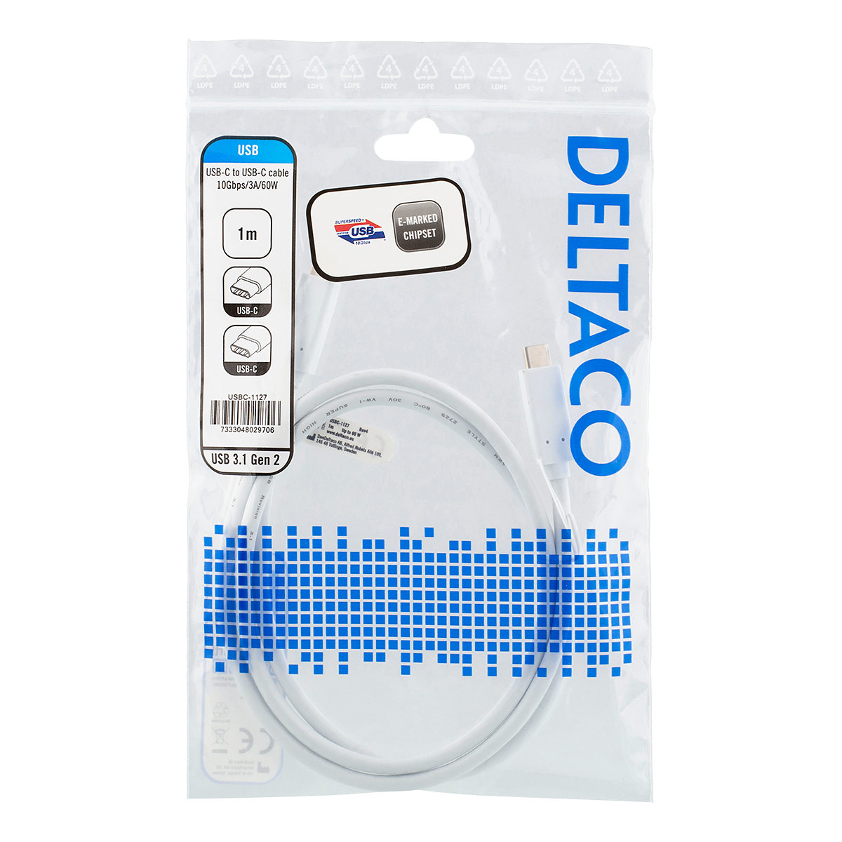 Deltaco USB-C-kabel, 10 Gbps, 60W, 1m, vit