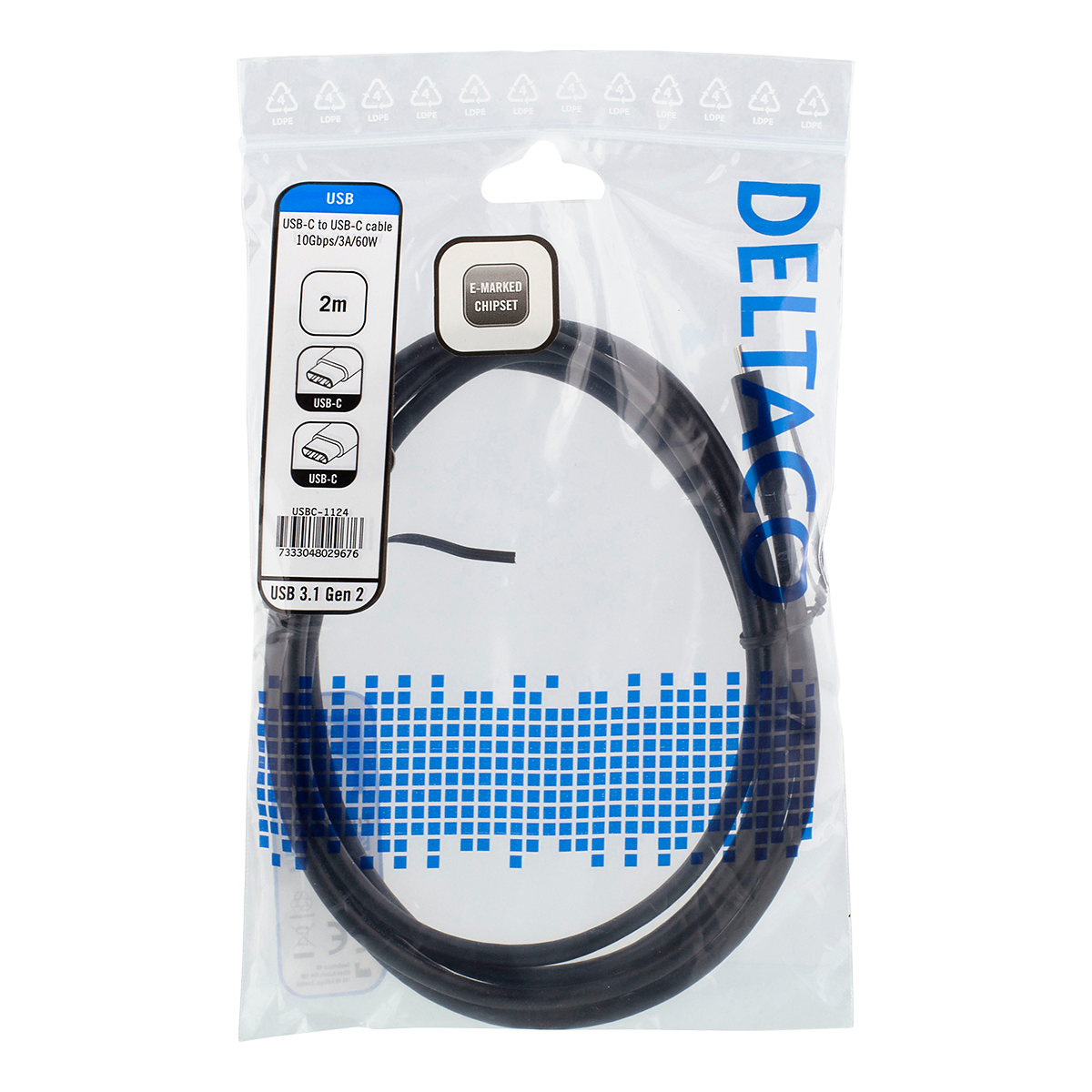 Deltaco USB-C-kabel, 10 Gbps, 60W, 2m, svart