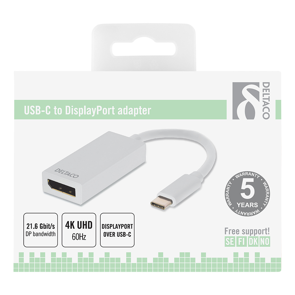 Deltaco USB-C till DisplayPort-adapter, 4K, UltraHD, vit