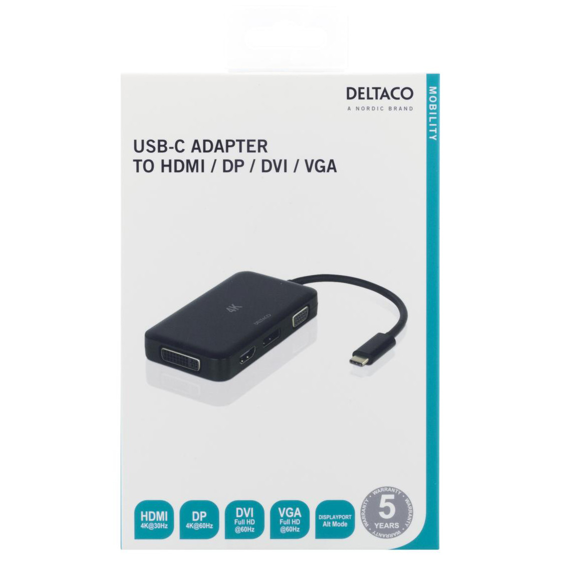 Deltaco USB-C till HDMI/DP/DVI/VGA-adapter, 4K, svart