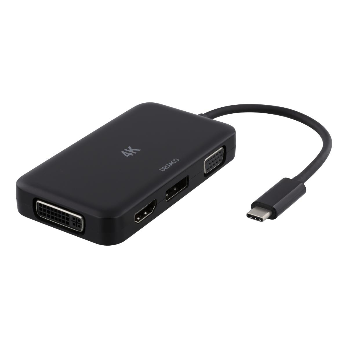 Deltaco USB-C till HDMI/DP/DVI/VGA-adapter, 4K, svart