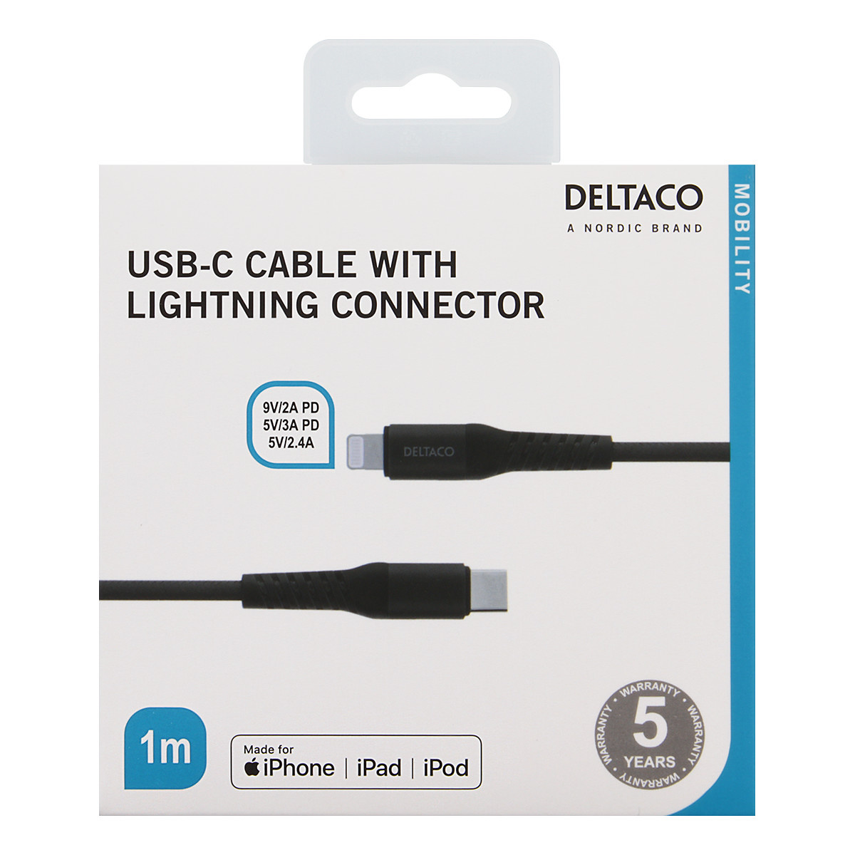 Deltaco USB-C till Lightning kabel, 1m, 5V/3A PD, svart