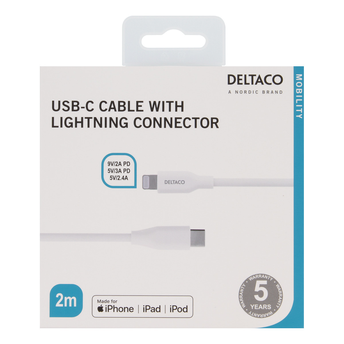Deltaco USB-C till Lightning kabel, 2m, 5V/3A PD, vit
