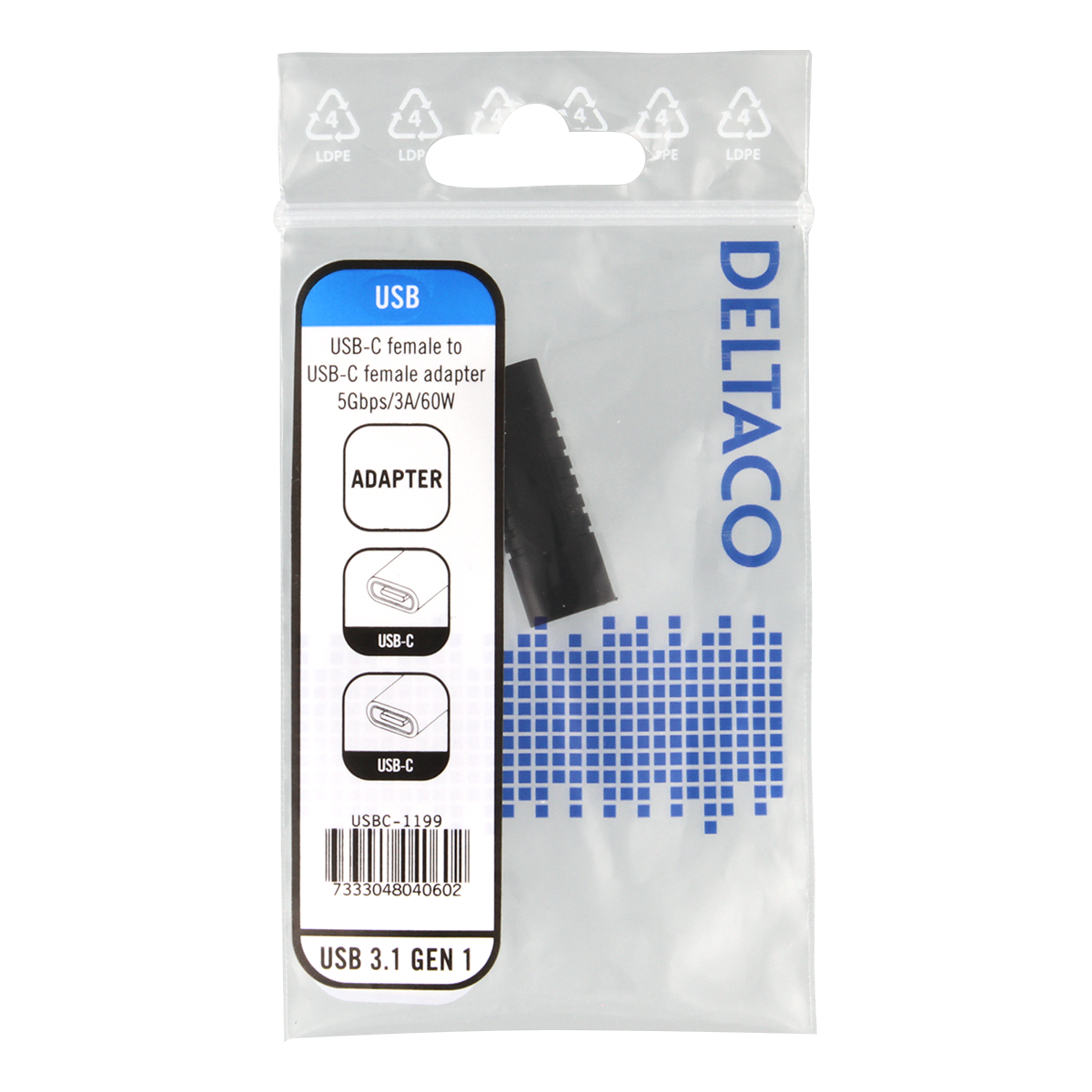 Deltaco USB-C till USB-C miniadapter, svart