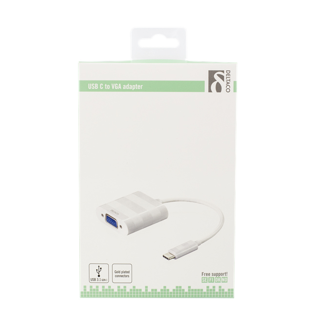 Deltaco USB-C till VGA adapter, 1080p, vit