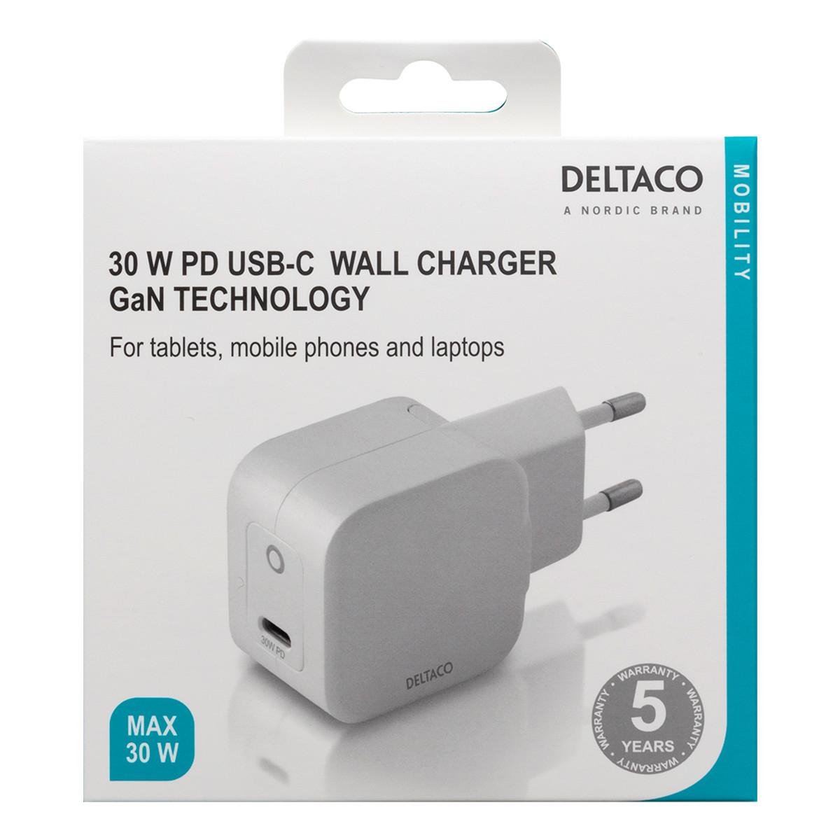 Deltaco USB-C väggladdare med PD och GaN-teknologi, 30W, vit