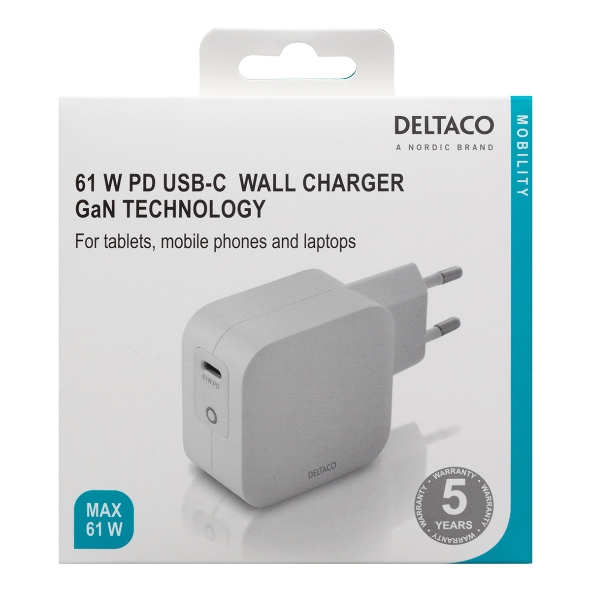 Deltaco USB-C väggladdare med PD och GaN-teknologi, 61W, vit
