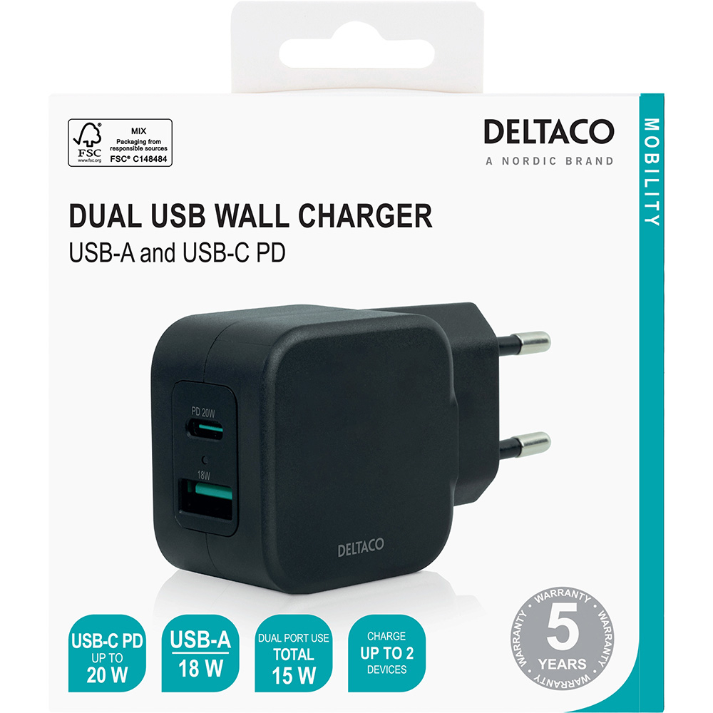 Deltaco USB+USB-C väggladdare, PD, 20W, svart