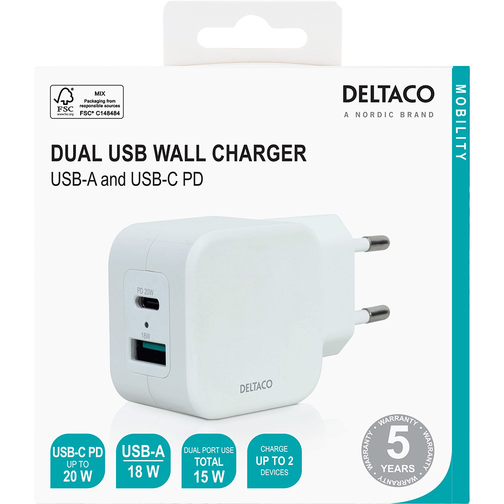 Deltaco USB+USB-C väggladdare, PD, 20W, vit
